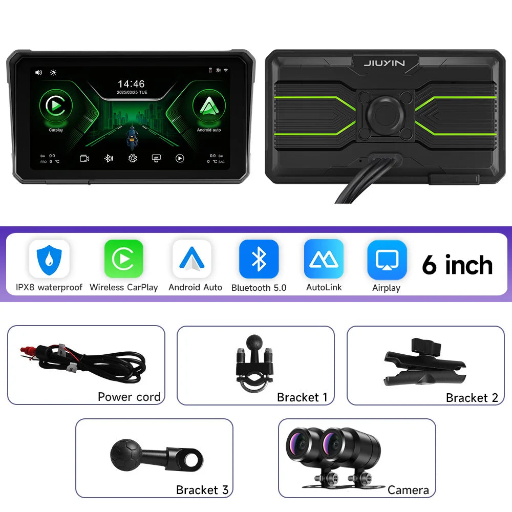 6 Inch Motorcycle 2K HD Multimedia Player GPS Navigation Wireless Carplay Android Auto IPX8 Waterproof Touch Screen Bluetooth