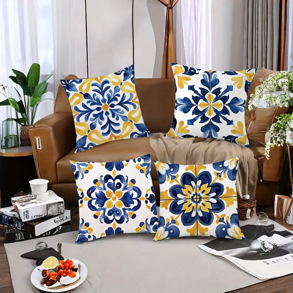 4-Piece Set, Vibrant and Intricate Blue-Yellow Tile Pattern - Inspirational Pillow Cover Decoration, Insert Not Included