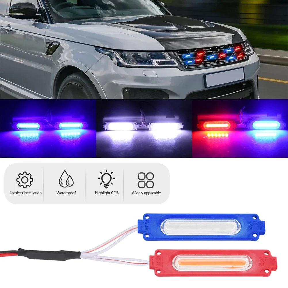 2pcs 12V LED Red Blue Strobe Lights Vehicle Warning Flash Lamp For Car Moto Bike Grille Decor Atmosphere Lighting