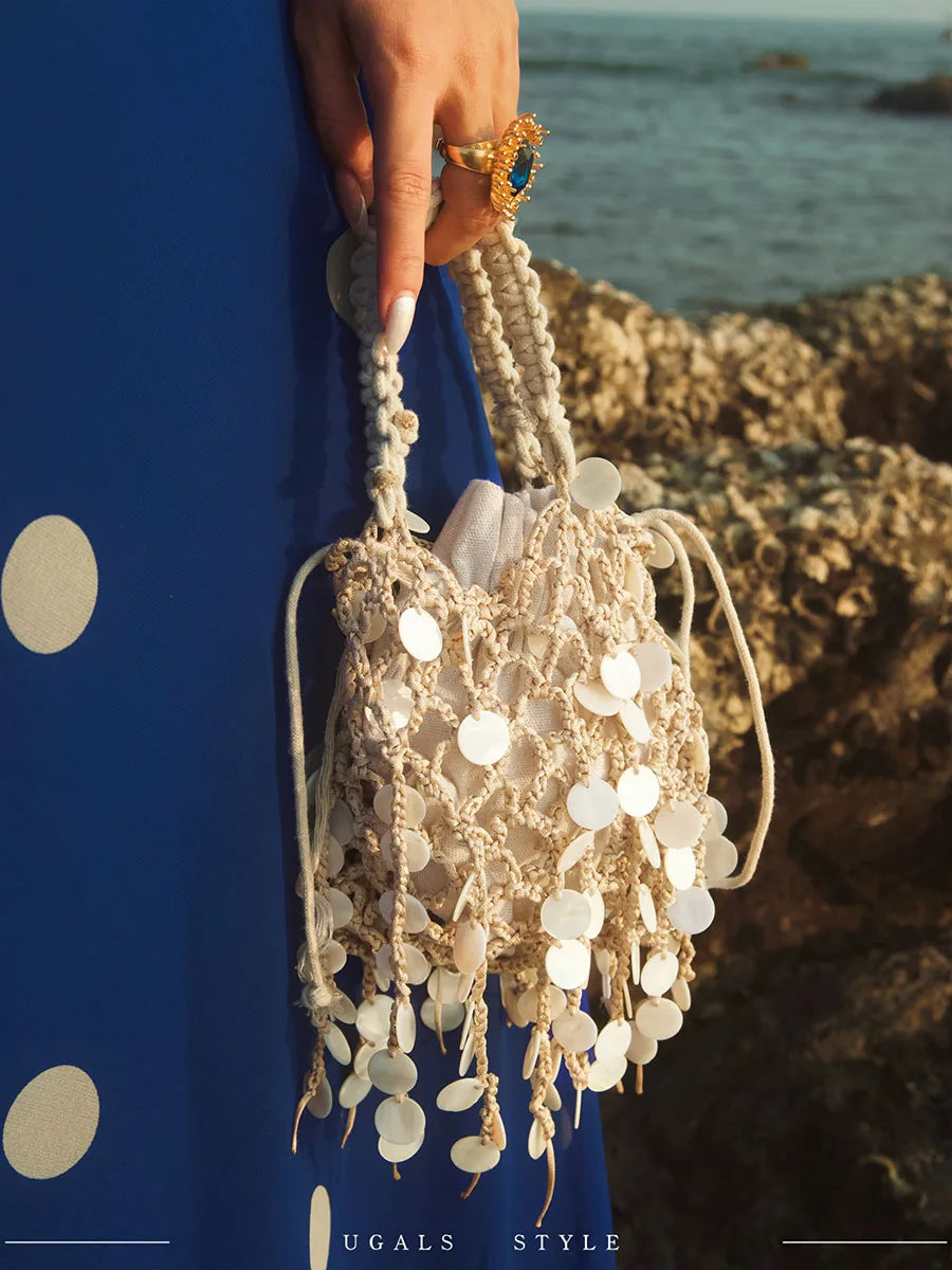Retro Sequin Woven Tassel Cotton Linen  Hollow out Bucket Evening Elegance Hand Clutch Crossbody Bag