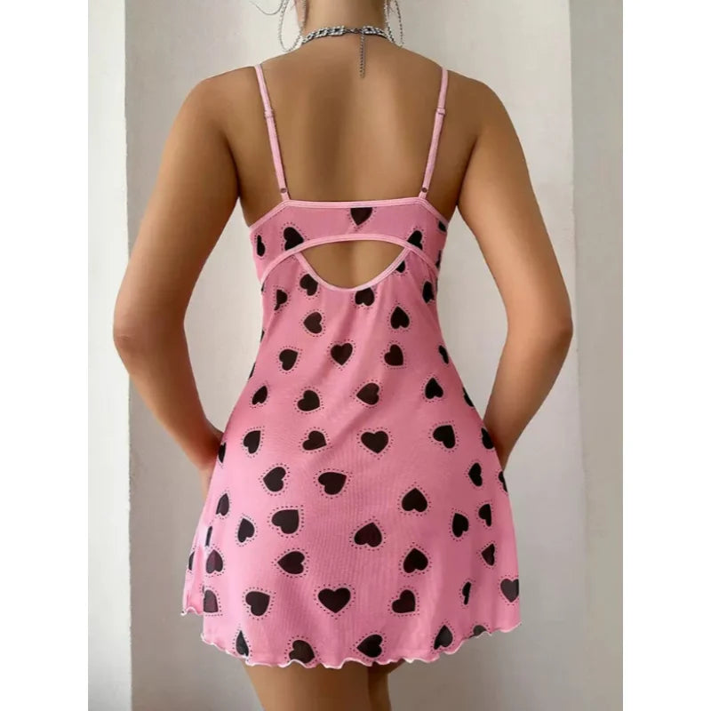 Women Bowknot Deep V Camisole Nightdress Heart Print Lace Patchwork Sleeveless Short Dress Slim Fit Sexy Pure Desire Sleepwear