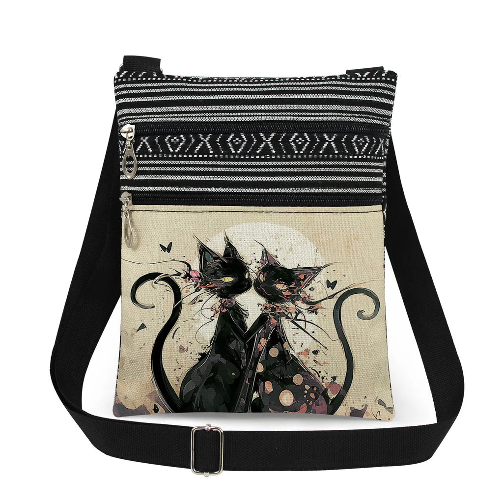 Cute Cartoon Black Cat Print Crossbody Bags Shoulder Bags For Women Daily Travel Portable Small Messenger Bags Catkeeper Gift