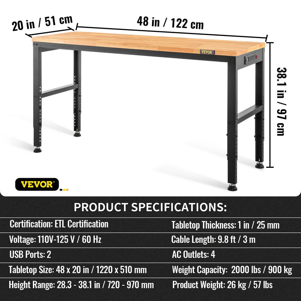 SucceBuy 72cm Woodworking Workbench Adjustable Height Oak Wood Hardwood Top Work Table 900KG Capacity for Office Home Workshop