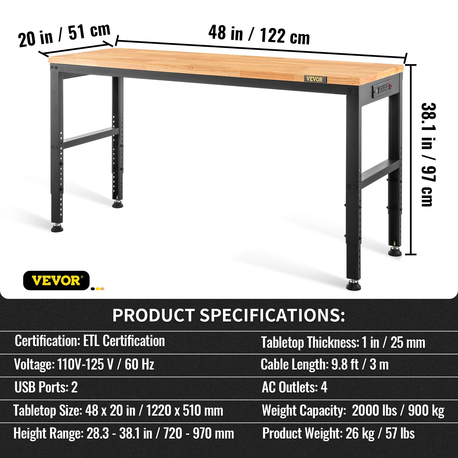 SucceBuy 72cm Woodworking Workbench Adjustable Height Oak Wood Hardwood Top Work Table 900KG Capacity for Office Home Workshop