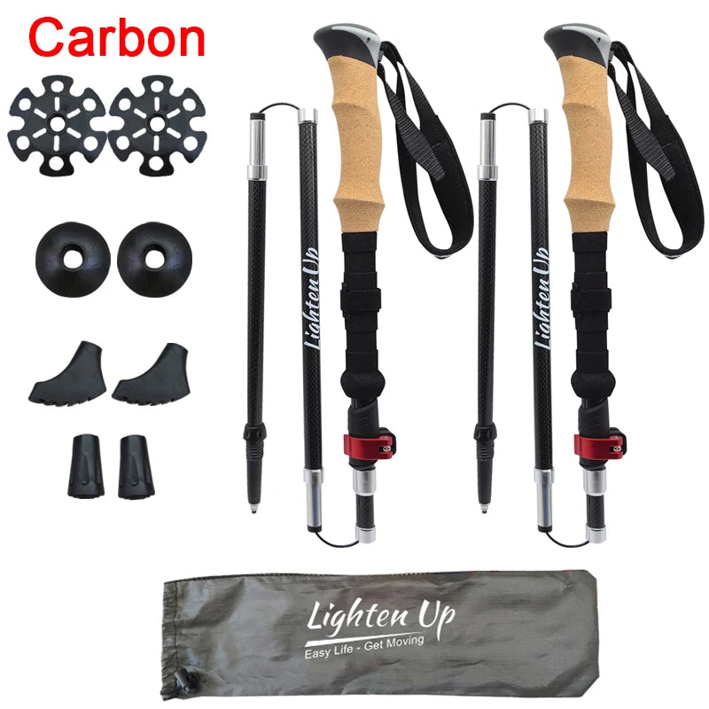 LIGHTENUP 2pcs Carbon Fiber Aluminium Climbing Sticks Outdoor Ultralight Adjustable Trekking Poles Hiking Portable Telescopic St