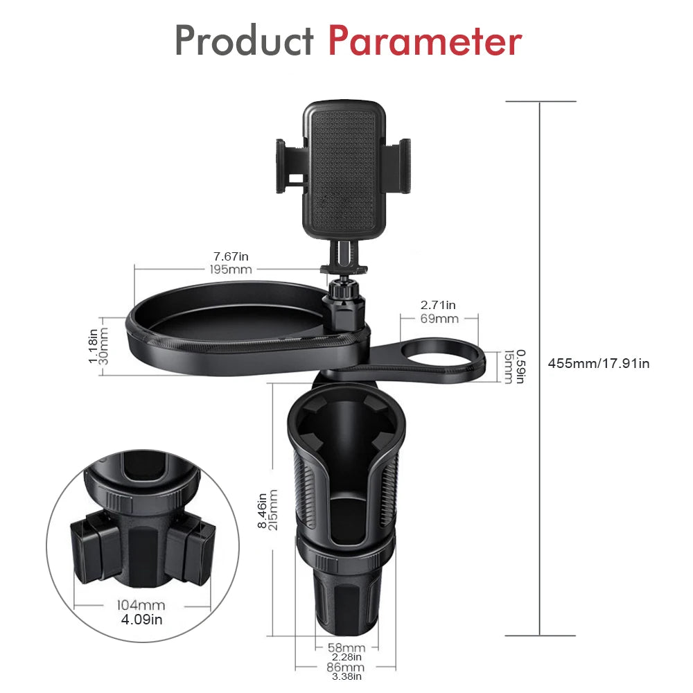 4 In 1 Car Cup Holder Expander Tray with Phone Holder Car Drink Holder 2 Cup Holders Road Trip & Car Traveling Essential Gadget