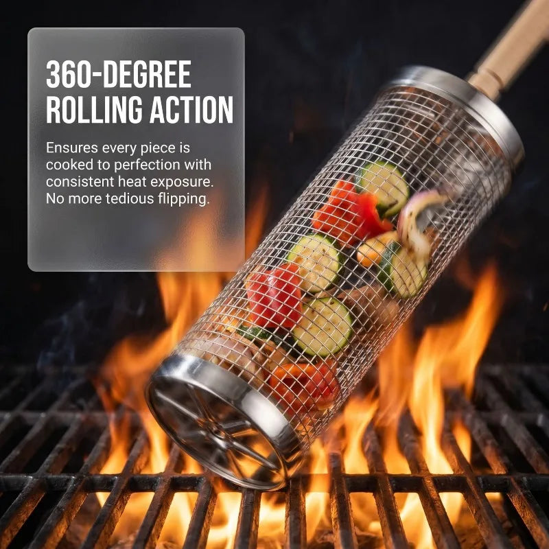 Rolling Grill Basket, Removable Wooden Handle, 304 Stainless Steel, Nesting Grilling Tools, Smoker BBQ Accessories for Vegetable