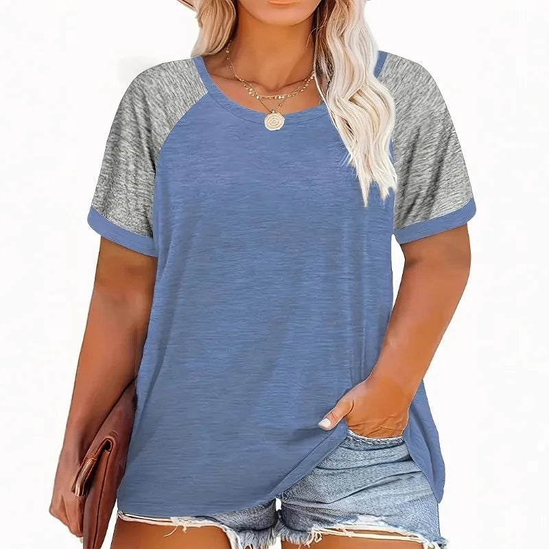 Popular women's clothing large size casual round neck color matching short-sleeved T-shirt top  Shirts Smooth Texture Shirt Soft