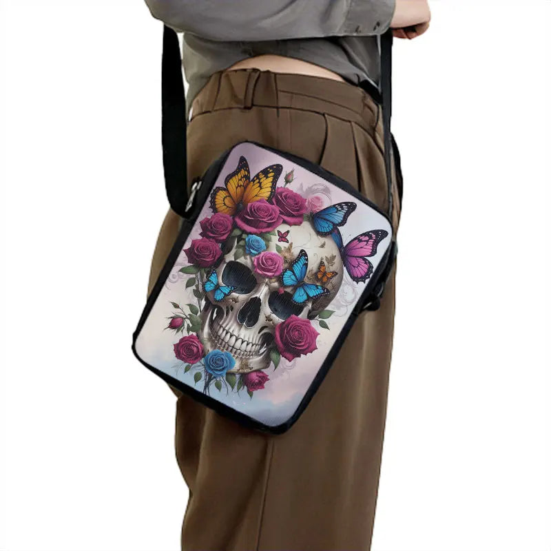 Skull Rose Butterfly Print Crossbody Bag Women Shoulder Bags for Travel Handbags Phone Holder Student Messenger Bags Gift