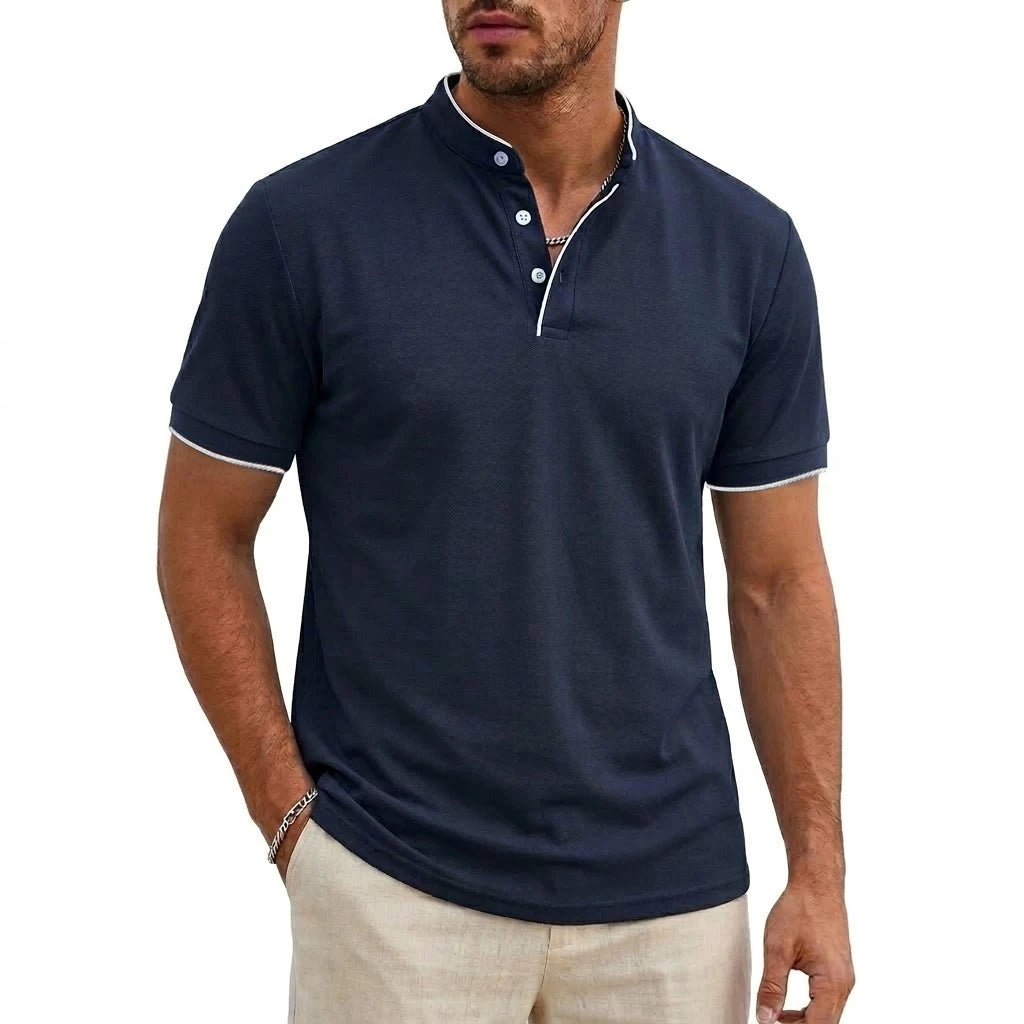 Men Short Sleeve Henley T-Shirt Summer Casual Solid Button-up Shirt V Neck Tee Fitness Breathable Classic Collarless Pullover