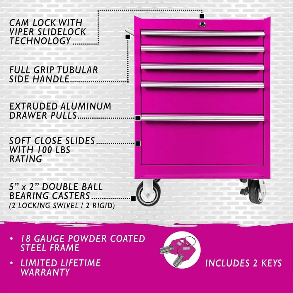 Pink Mobile 5-Drawer Mechanic Tool Cabinet Trolley with Wheels Pink Cabinet  for Tool Storage Rolling Pink Tool Chest