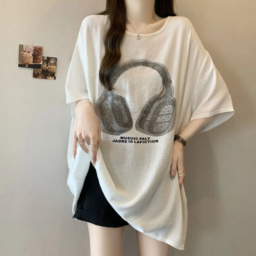 Plus-size women's spring and summer hit loose slimming crinkled ice silk heavy-duty iron-on rhinestone short-sleeve T-shirt