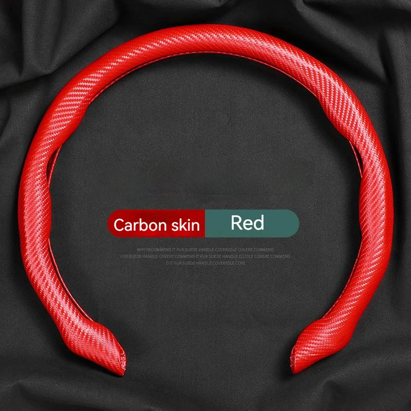 Car steering wheel sleeve, half wrapped carbon fiber pattern, all-season universal card type anti slip mesh, red D-shaped handle