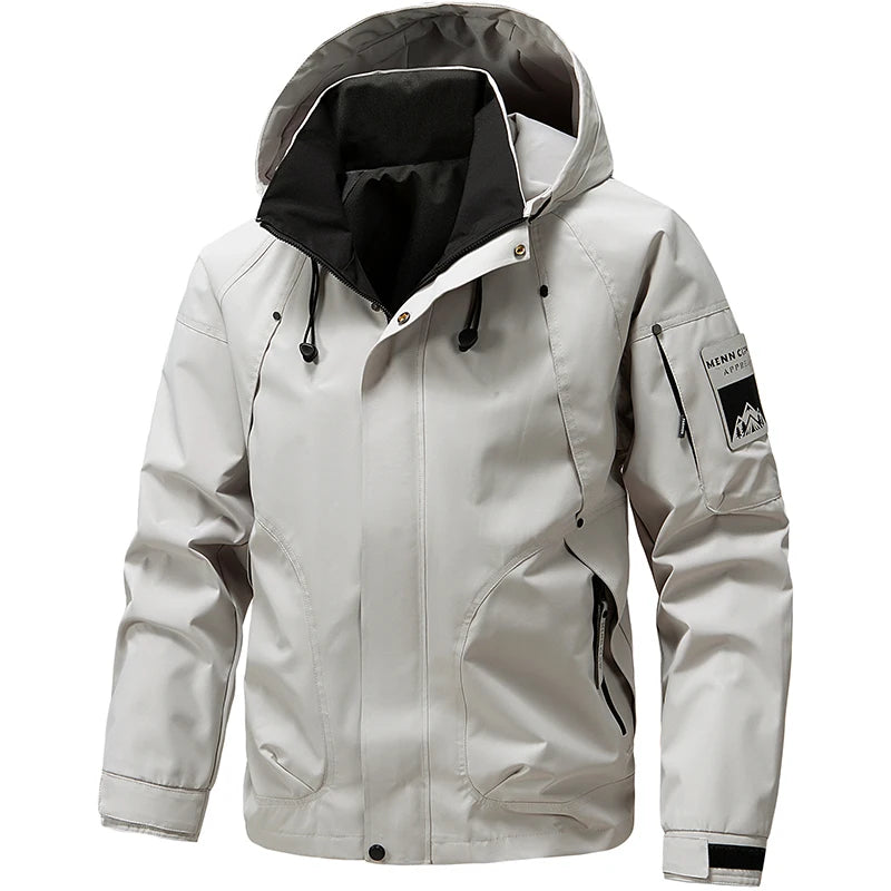 2026 Spring Waterproof Hooded Jacket Men Outdoor Softshell Zip Up Windbreaker Jackets Hiking Camping Coat Autumn Thin Overcoat