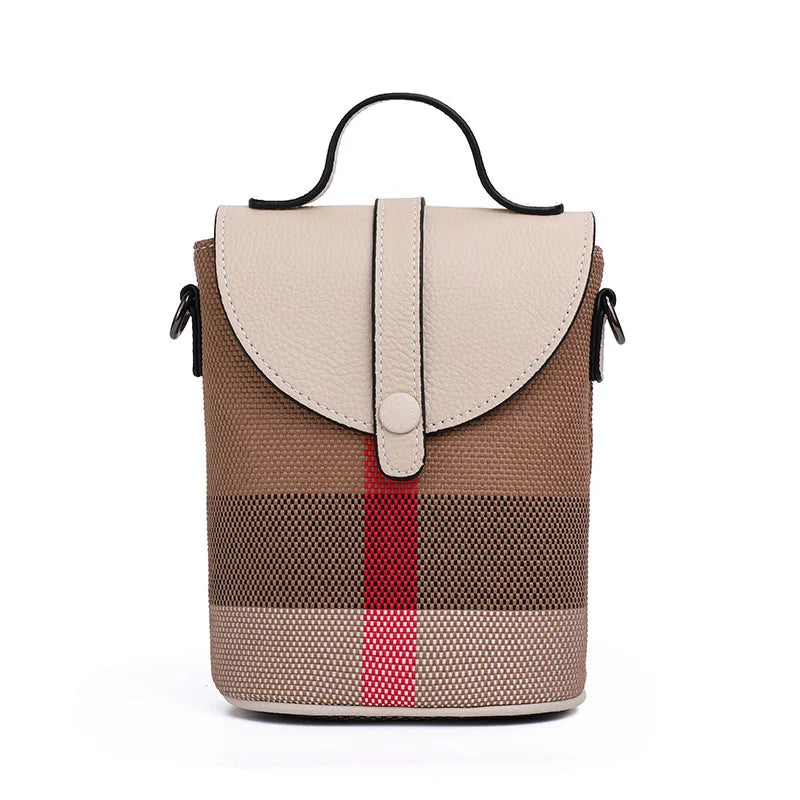 Women's Canvas Spliced Cowhide Shoulder Bag, Mini Striped Flap Handbag, Coin Purse & Crossbody Bag