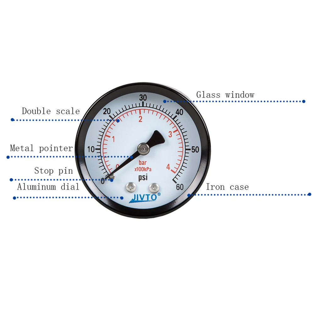 JIVTO Dry Pressure Gauge, Steel Case and Ring, 1-1/2" Dia,30, 60, 100 Psi & Bar, 1/8" NPT Back Mount, Glass Window