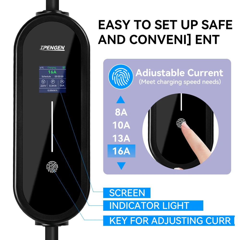 IPENGEN 3.5KW Portable EV Charger 5M Cable Type2 IEC62196/ GB/T Connector 16A 1Phase Type1 Wallbox Charging for Electric Vehicle