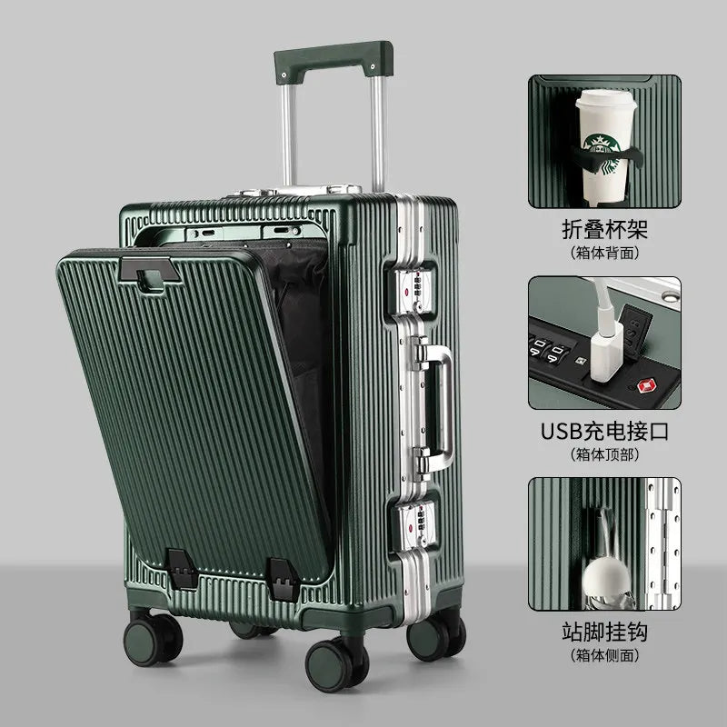 2026 new front opening luggage compartment, multifunctional business travel suitcase, sturdy passenger boarding suitcase