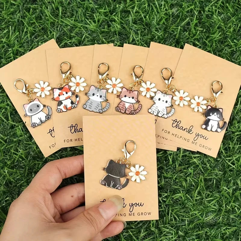 7/14-Piece Cute Cartoon Cat and Daisy Keychain Set, with Inspirational "Thank You" Cards, Stylish Animal and Floral Charms, Suitable for Car Keys and Bags — a Thoughtful Gift for Family and Friends