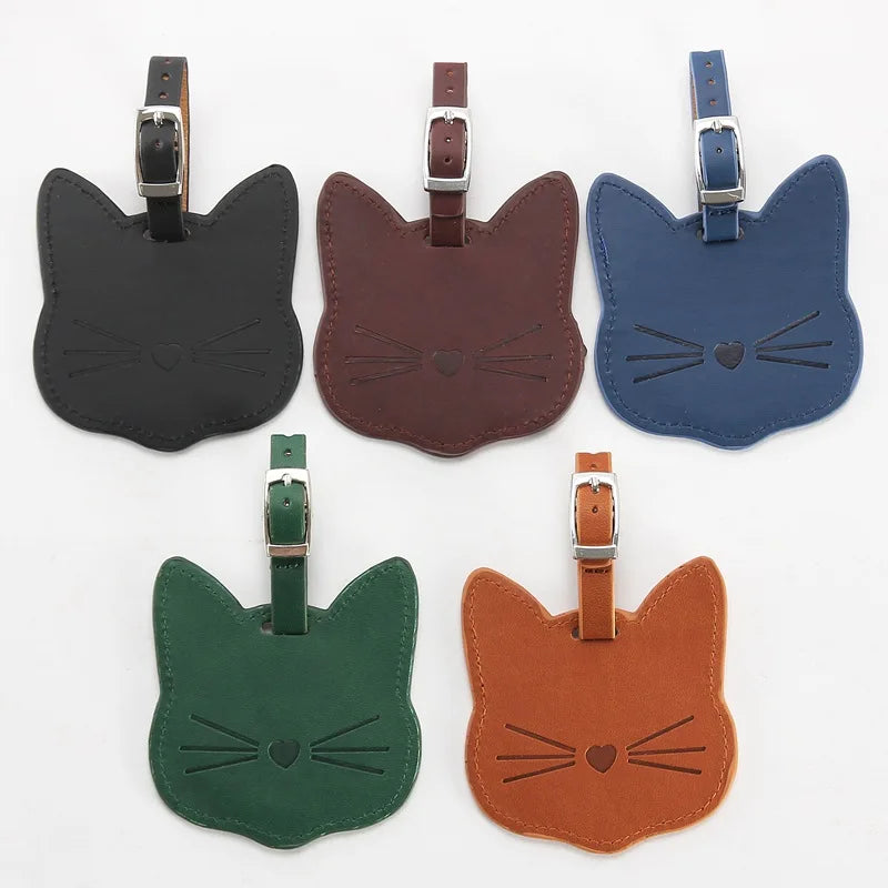 Cute Cat PU Leather Luggage Tag Suitcase Luggage Label Baggage Boarding Bag Portable Name ID Address Holder Travel Accessories