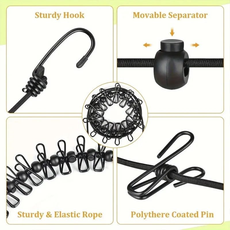 Portable Travel Clothesline with 12 Clips Plastic Non-Slip Retractable Clothes Drying Rope for Home Travel and Outdoor Hanging