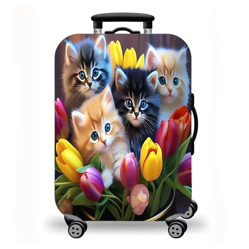 Luggage Cover, Cute Fluffy Kitten Cat Floral Duck Print Stretch Suitcase Protector, Washable Anti-Scratch Travel Baggage Cover