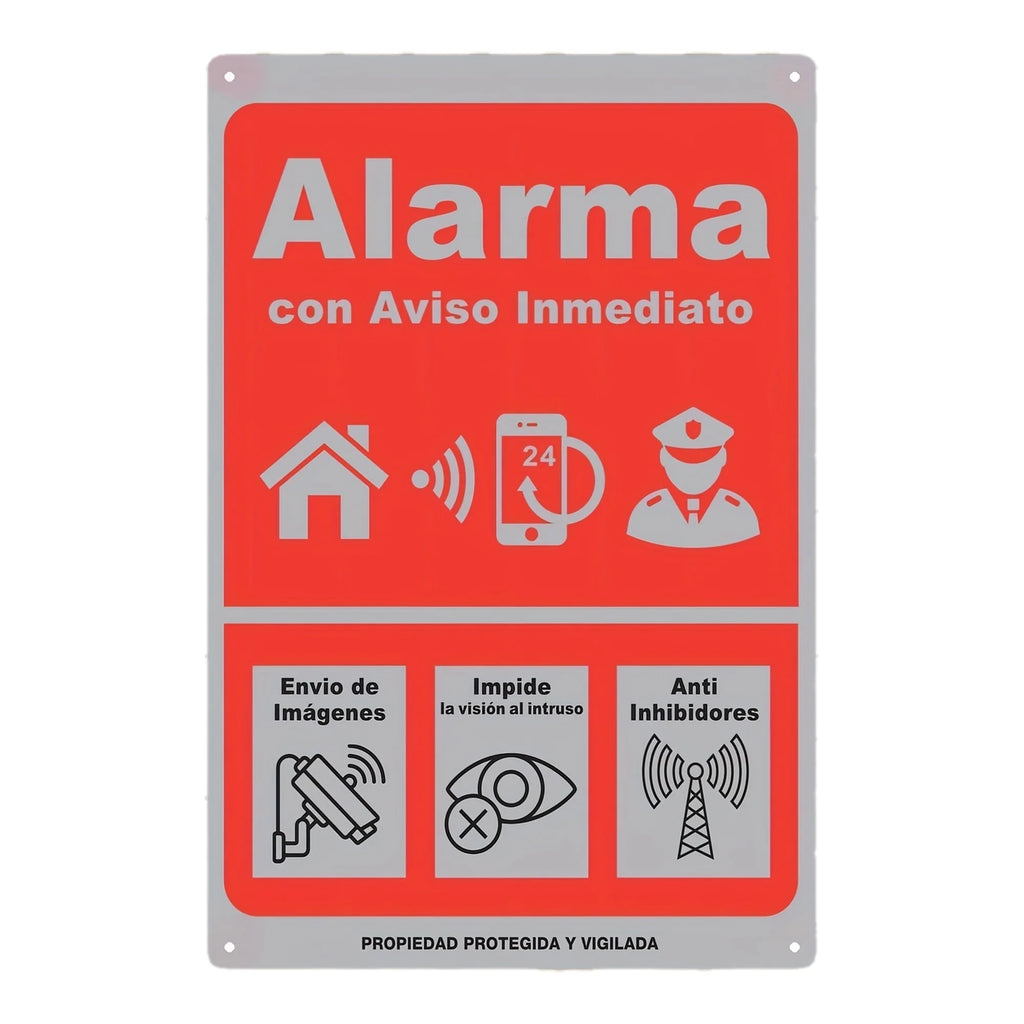 Instant Alert Alarm Sign -  Iron Wall Decor,  , Red with White Icons, Anti-Intrusion Vision, Anti-Inhibitors, 24/7 Protection, P