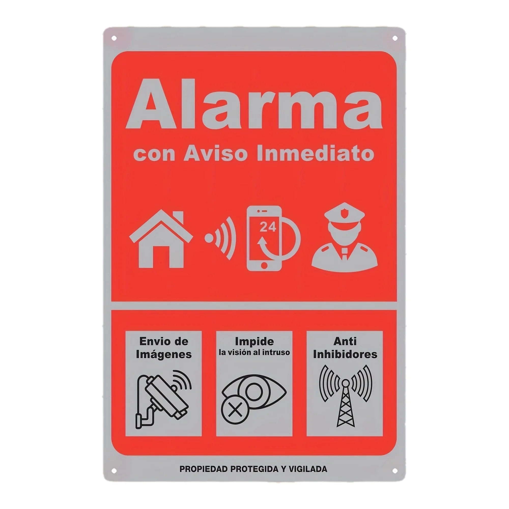 Instant Alert Alarm Sign -  Iron Wall Decor,  , Red with White Icons, Anti-Intrusion Vision, Anti-Inhibitors, 24/7 Protection, P
