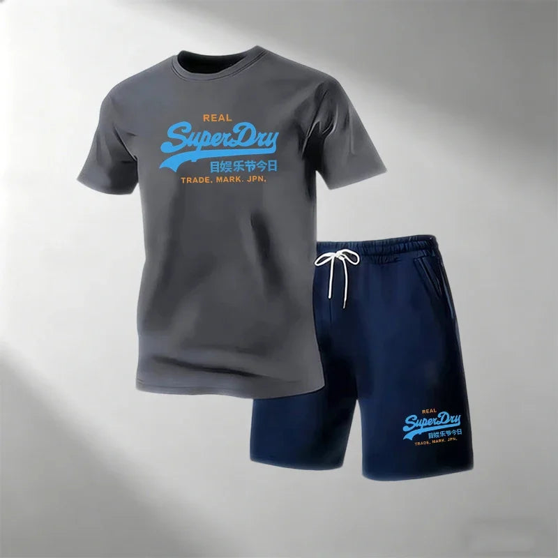 Summer Street Fitness Men's T-Shirts Sets Short Sleeve T-Shirt + Shorts Quick Dry Breathable Round Neck Running Suit Hot Sale