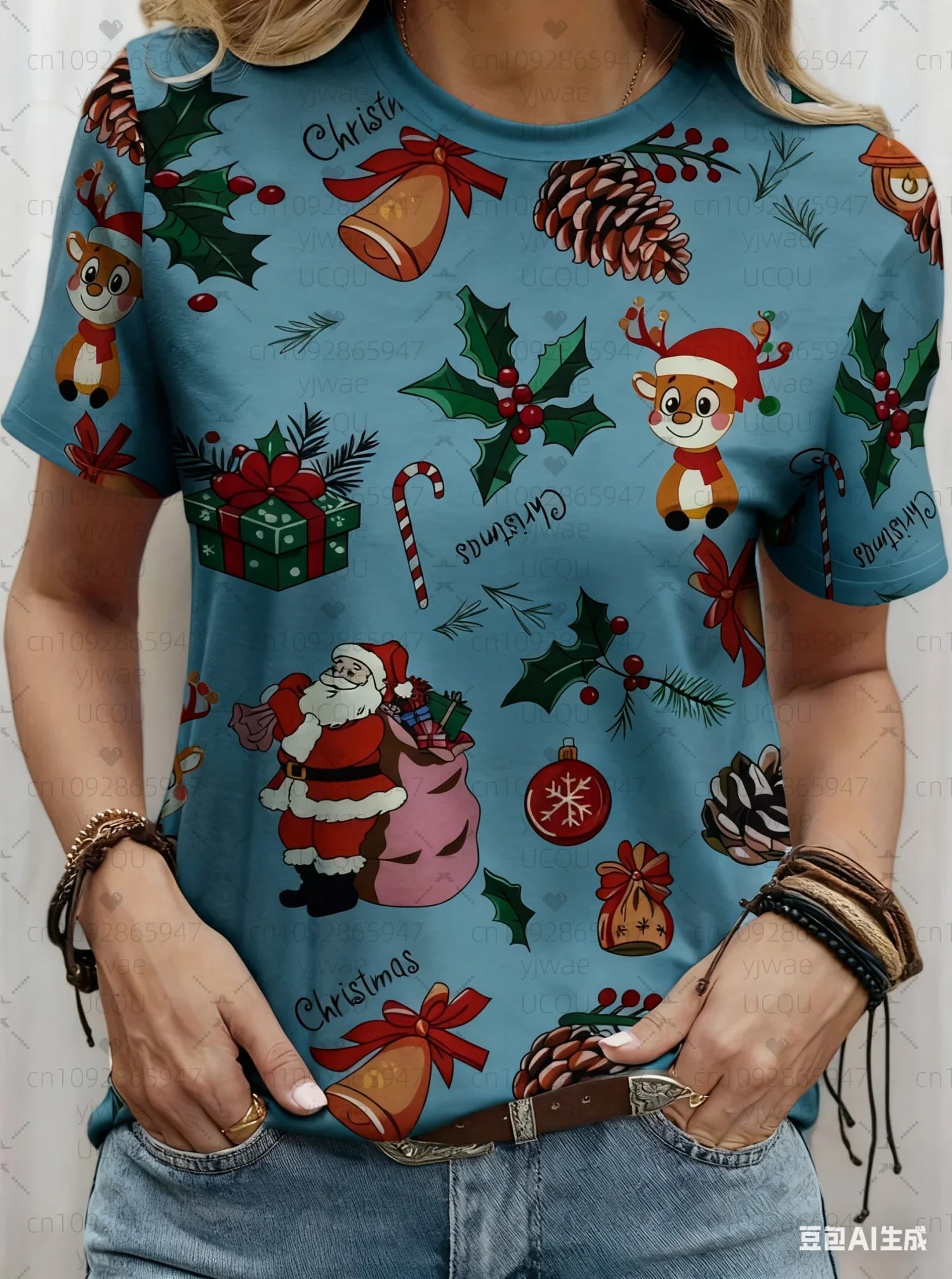 plus size Tee Casual Lightweight Sport Daily Tee ﻿ Christmas Santa Claus reindeer print Women O-Neck Short Sleeve T-Shirt