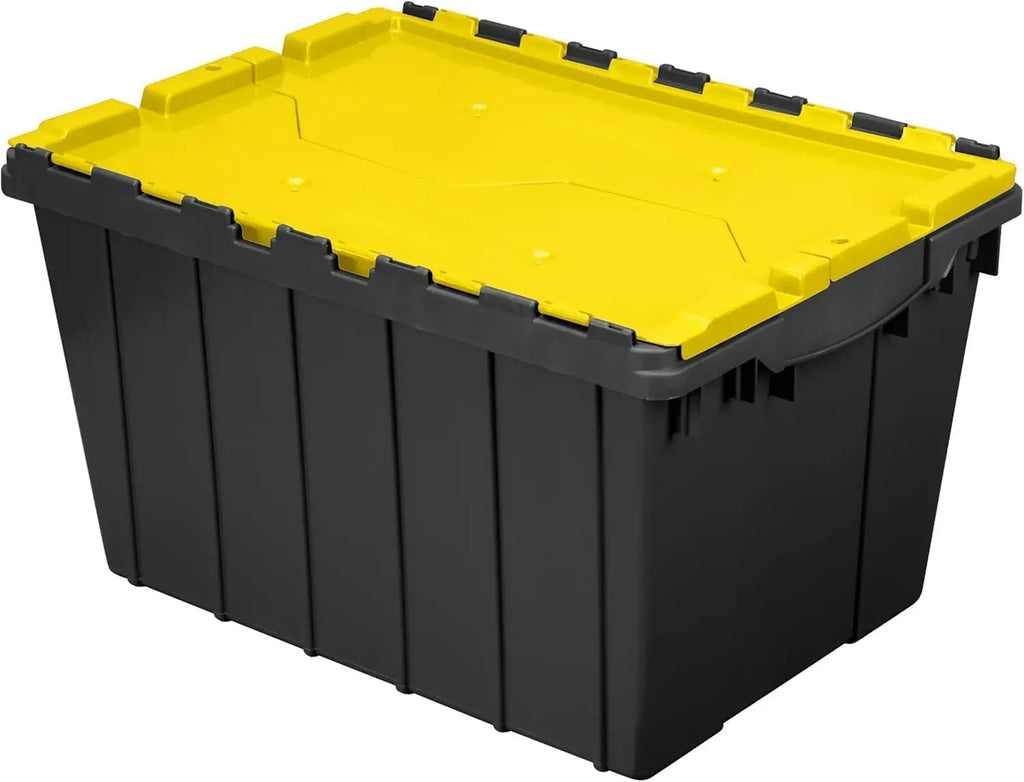 12 Gallon Storage Container, Nesting and Stackable Plastic Storage Box with Lid Attached, Clear Tote for Garages, Closets, and Moving, 21-1/2" x 15" x 12-1/2", Clear/Blue