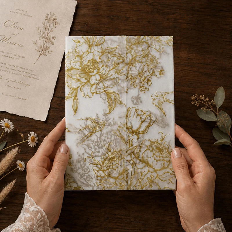 20/50pcs Vellum Wrap with Monochrome Flowers, Vintage Floral Vellum Jacket, DIY Vellum Fold Envelope,for Wedding Invitations