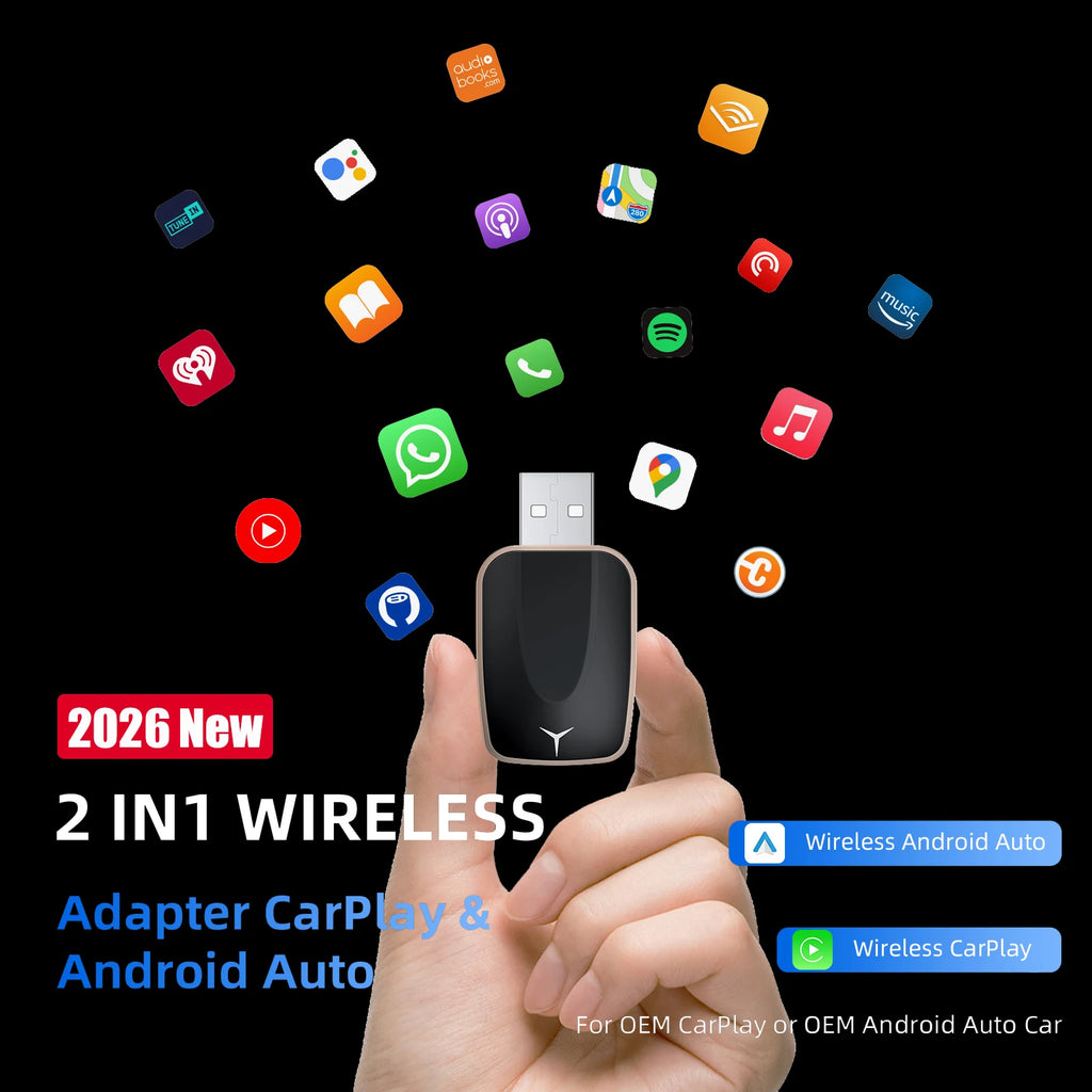 2026 2-in-1 Wireless CarPlay Android Auto Adapter for Factory Wired Cars with 5G WiFi Bluetooth 5.0 Plug and Play OTA Upgrade
