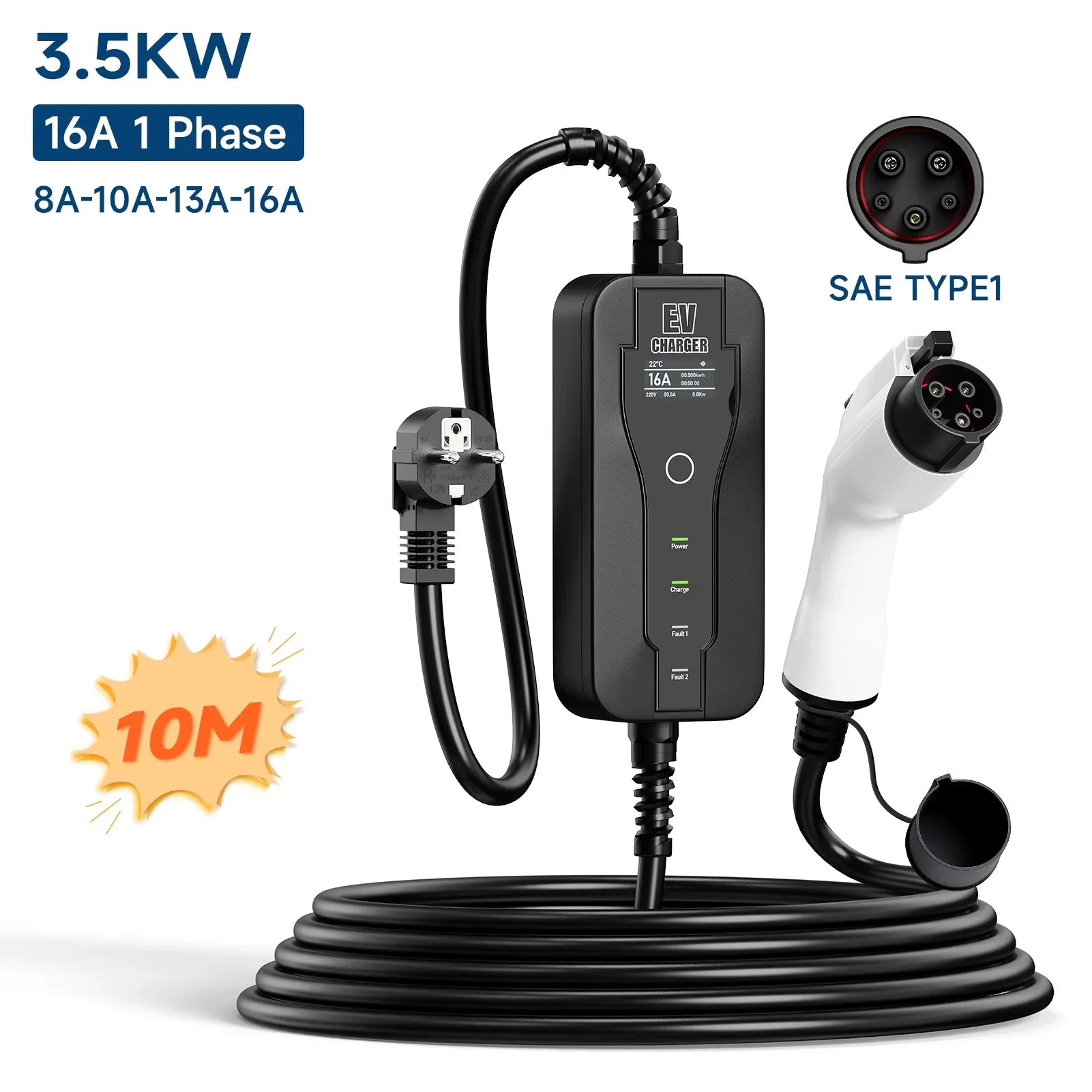 16A 3.5KW Portable EV Charger Type2 IEC62196-2 EVSE Fast Charging Box Type1 SAEJ1772 EU Plug Controller Wallbox for Electric Car