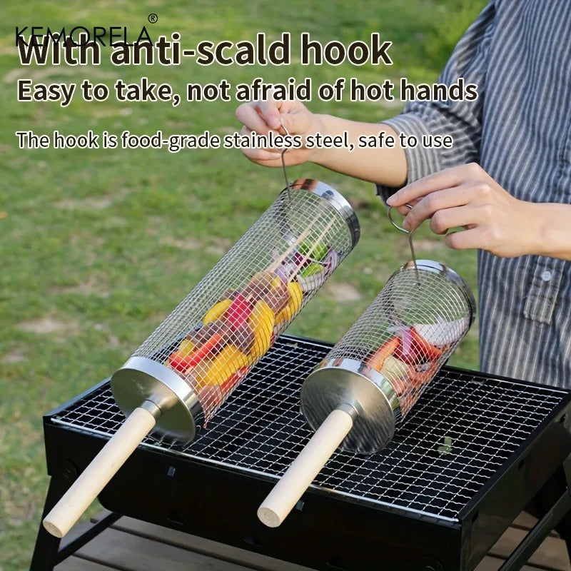 Round Barbecue Grill Basket Set, Stainless Steel Rolling BBQ Cage, Wire Mesh Cylinder Grilling Rack, Outdoor Camping Essential