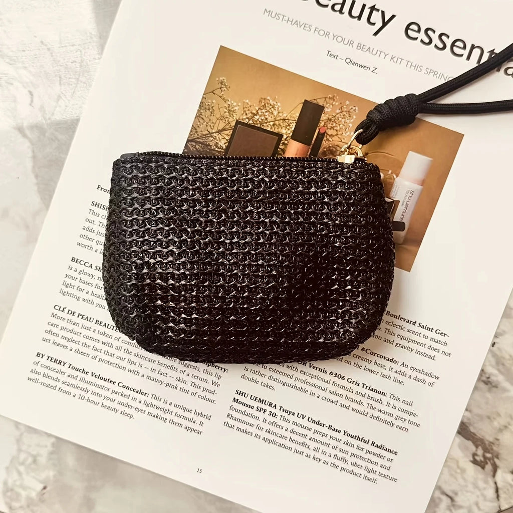 Summer Straw Key Coin Storage Purse,mini Zippered Card Holder,portable Wrist Bag Wallet Clutch Pouch,Beach Vacation Straw Bag