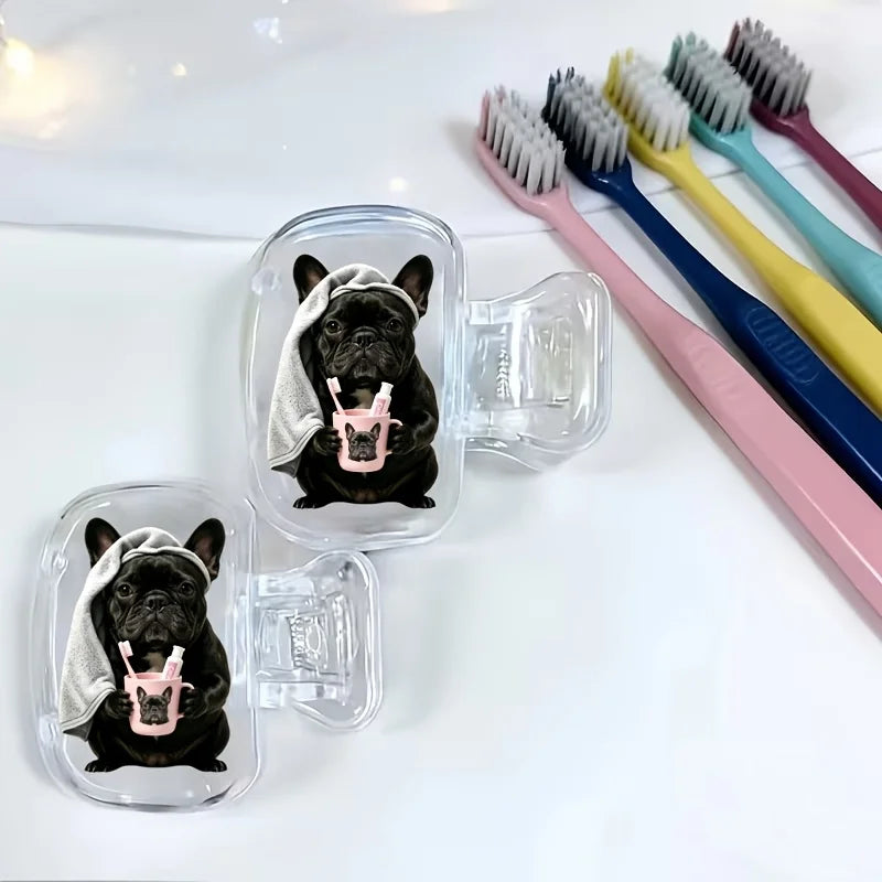 2pcs Cute French Bulldog Portable Toothbrush Head Cover Outdoor Trips Storage Box Daily Use Bathroom Accessory for Home Travel