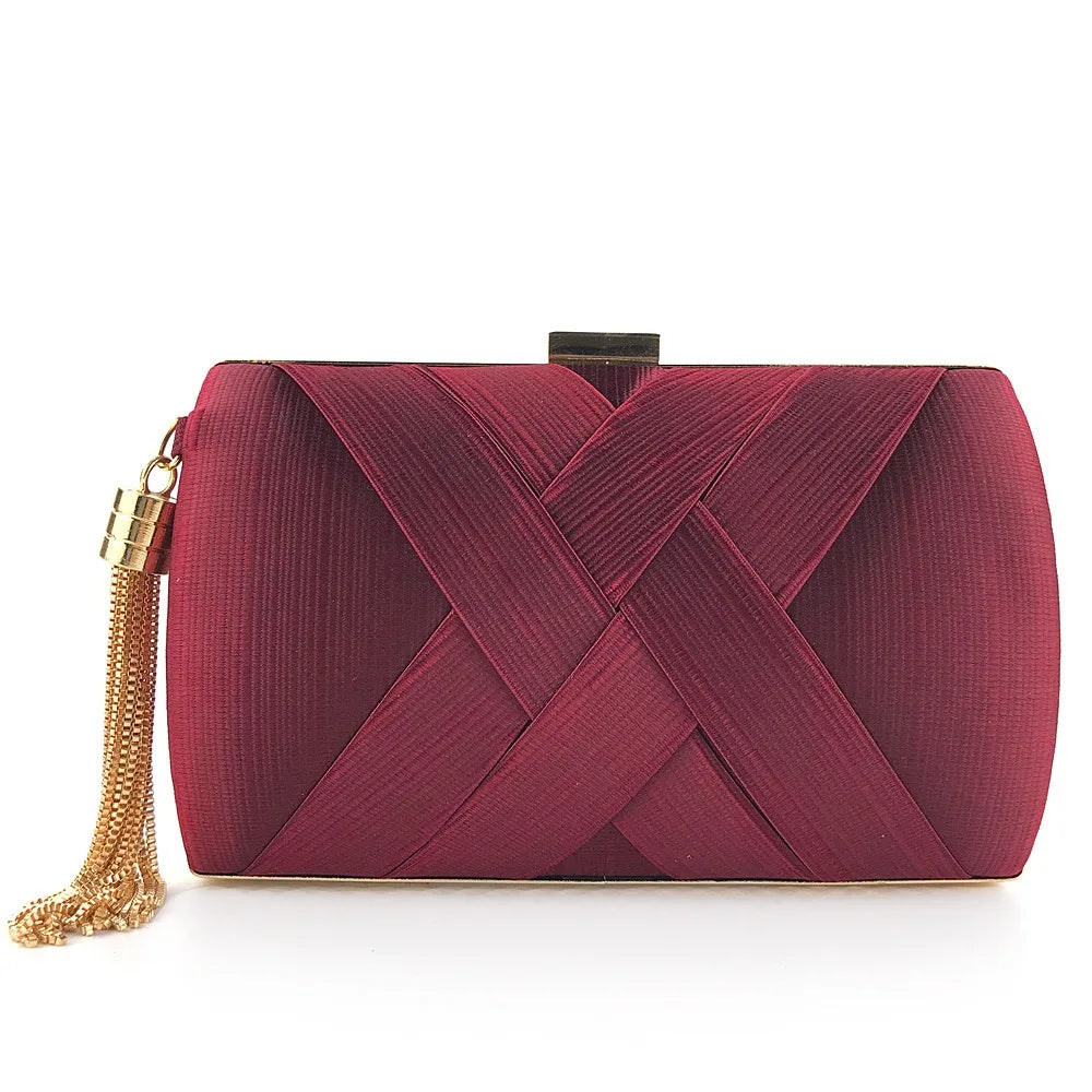 Casual Luxury Silk Fabric Dinner Handbag Tassel Chain Evening Banquet Bag Hand Hold Square Bridal Clutch Bag Wedding