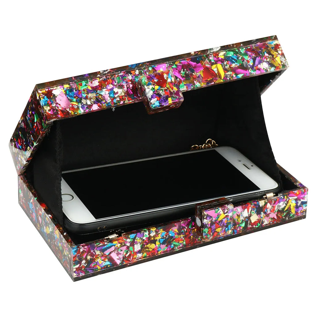 Acrylic Luxury Wedding Chain Handbag Women Box Clutch Evening Bags For Women Multicolor Perspex Geometric Patterns Box Clutch Banquet Evening Crossbody Handbag