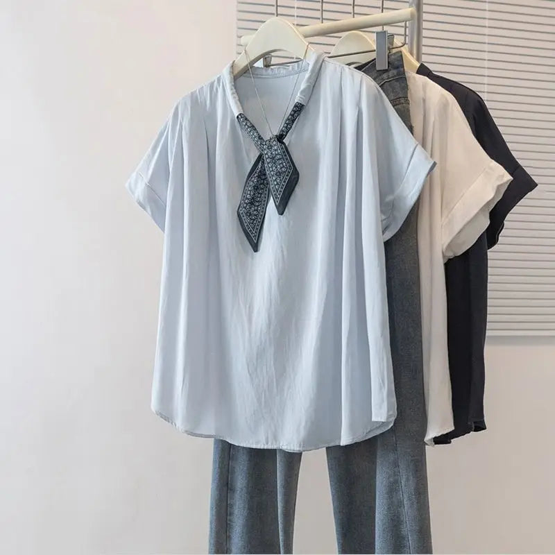 Plus-size women's spring and summer solid color casual beret collar with inner and outer wear V-neck short-sleeve T-shirt