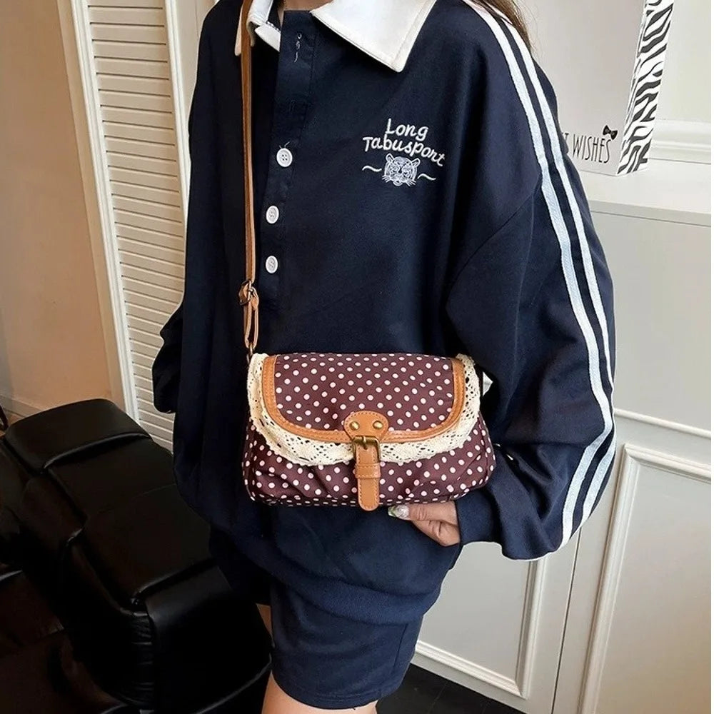 New Polka Dot Crossboby Bag Canvas Lace Trim One-Shoulder Bag Vintage Casual Commuting Bag for Women