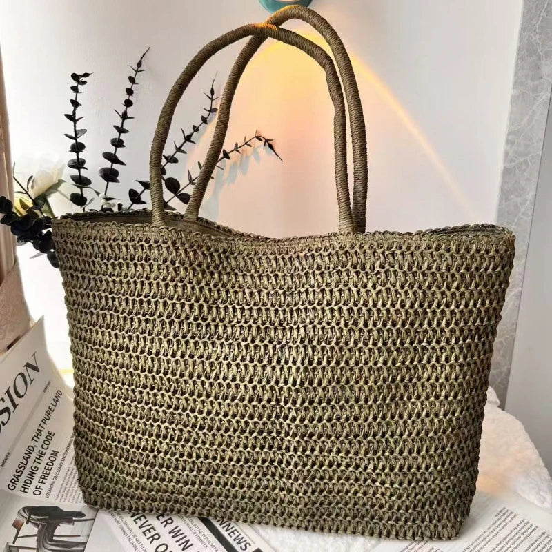 Summer French Elegant  Raffia Straw Tote Bag Women Large Capacity Minimal Shoulder Bag Magnetic Buckle Beach Shopping Handbag