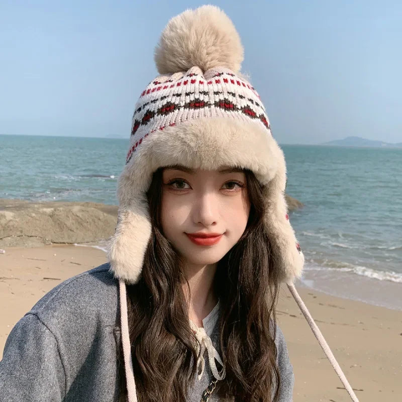 Winter Hat Women Warm Bomber  With Earflap Brand Cute Pom Fuzzy Peruvian  Ear-flapped