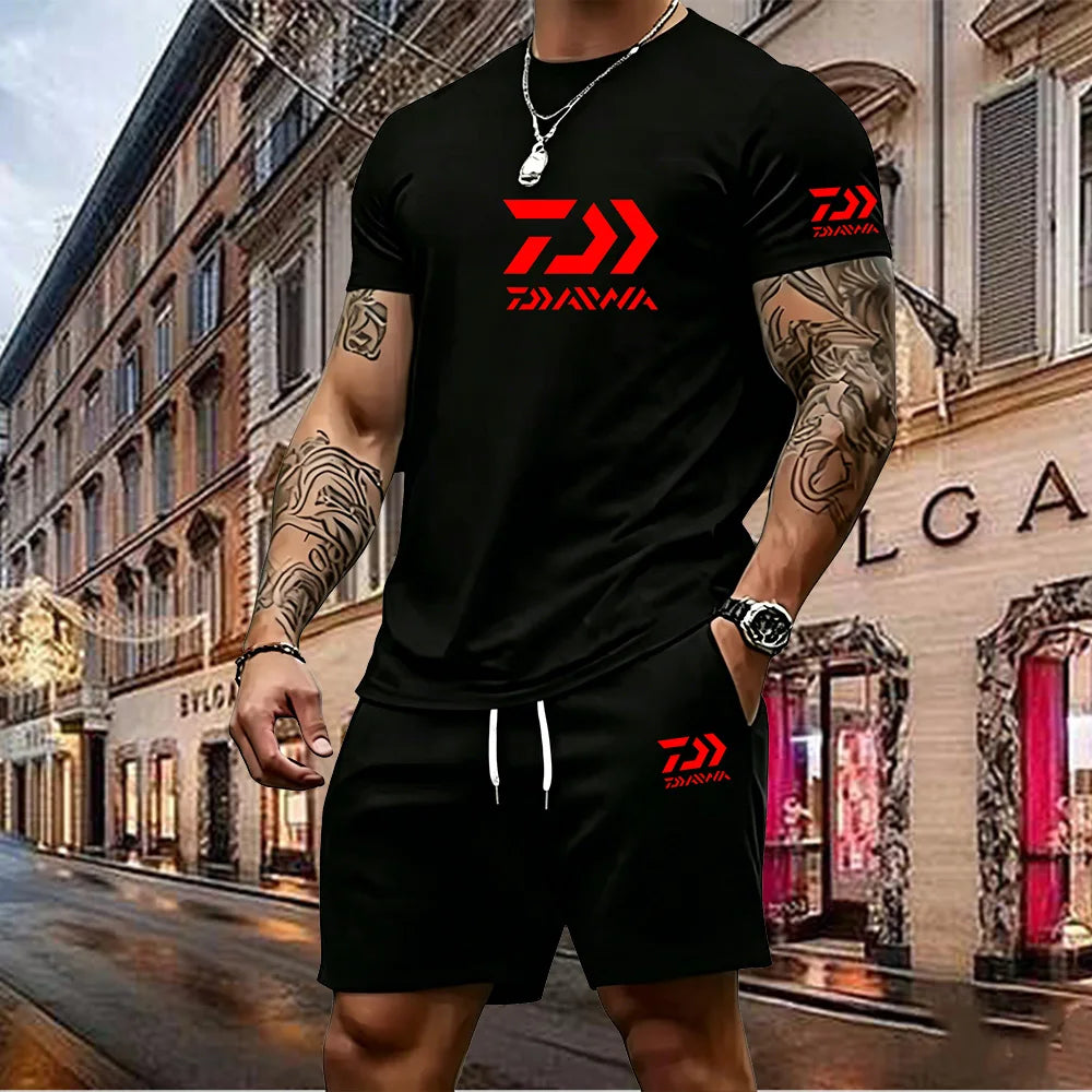 2026 Summer New Men's Fashion Outdoor Sports Set Printed Short Sleeve T-shirt+Shorts Loose Home Leisure Two Piece Set