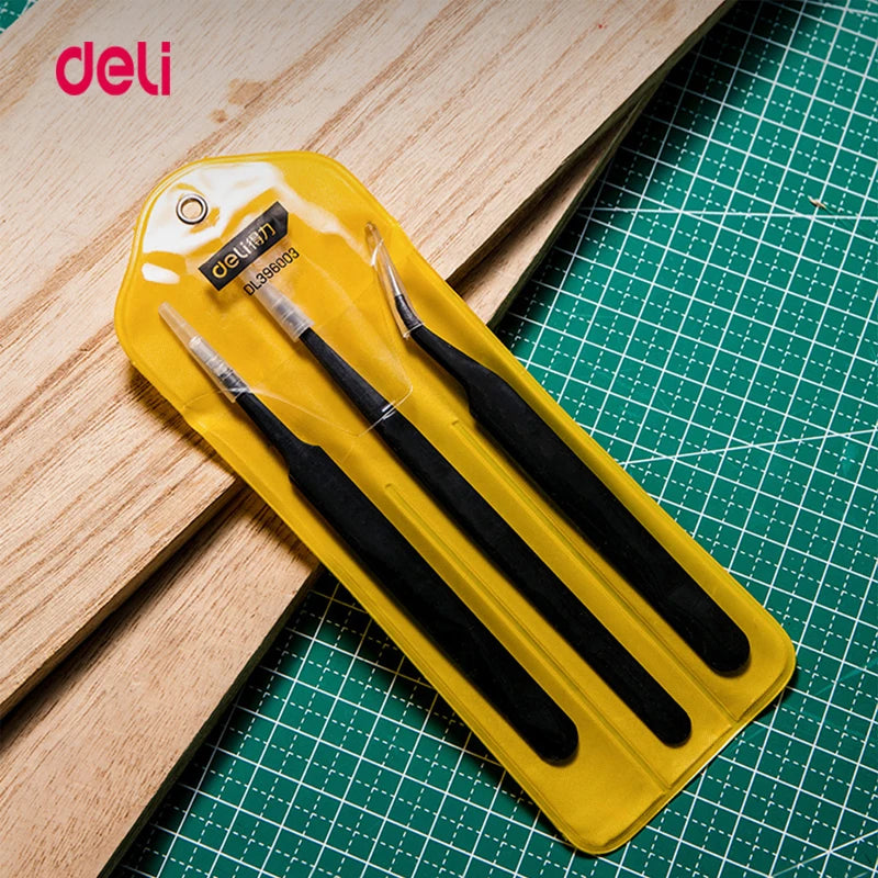 Deli 3 PCS Precision Tweezers Set ESD Anti Static Stainless Steel Tweezers Repair Tools for Electronics Repair Soldering Craft