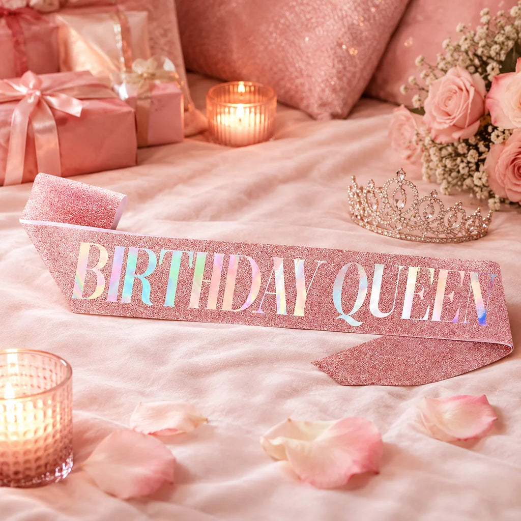 1PC Birthday Queen Sash for Women Pink Glitter Party , Holographic Birthday Girl Shoulder Strap for Birthday Party Decorations.