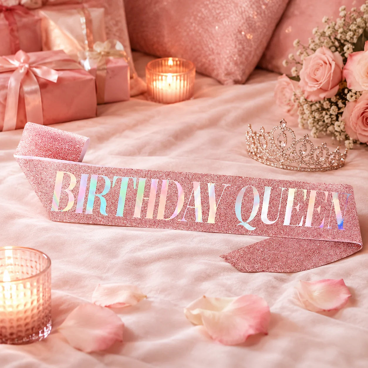 1PC Birthday Queen Sash for Women Pink Glitter Party , Holographic Birthday Girl Shoulder Strap for Birthday Party Decorations.