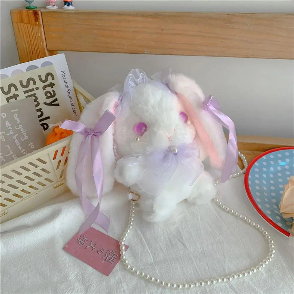 New Cute Bunny Plush Bag Lolita Shoulder Bag Kawaii Princess Sweet Pearl Chain Crossbody Bags Long-eared Rabbit Purse