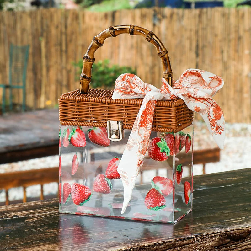 BEACH Summer Transparent Acrylic Box Printing Square Bag Bamboo Woven Handmade handle Gift Box Handbag Women Holiday Vacation