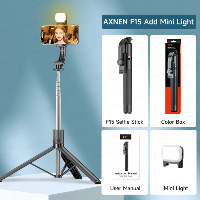 AXNEN F15 Extendable Selfie Stick Tripod 1717mm Stand for Cell Phone Removable Bluetooth Remote 360° Rotation Fill Light Option